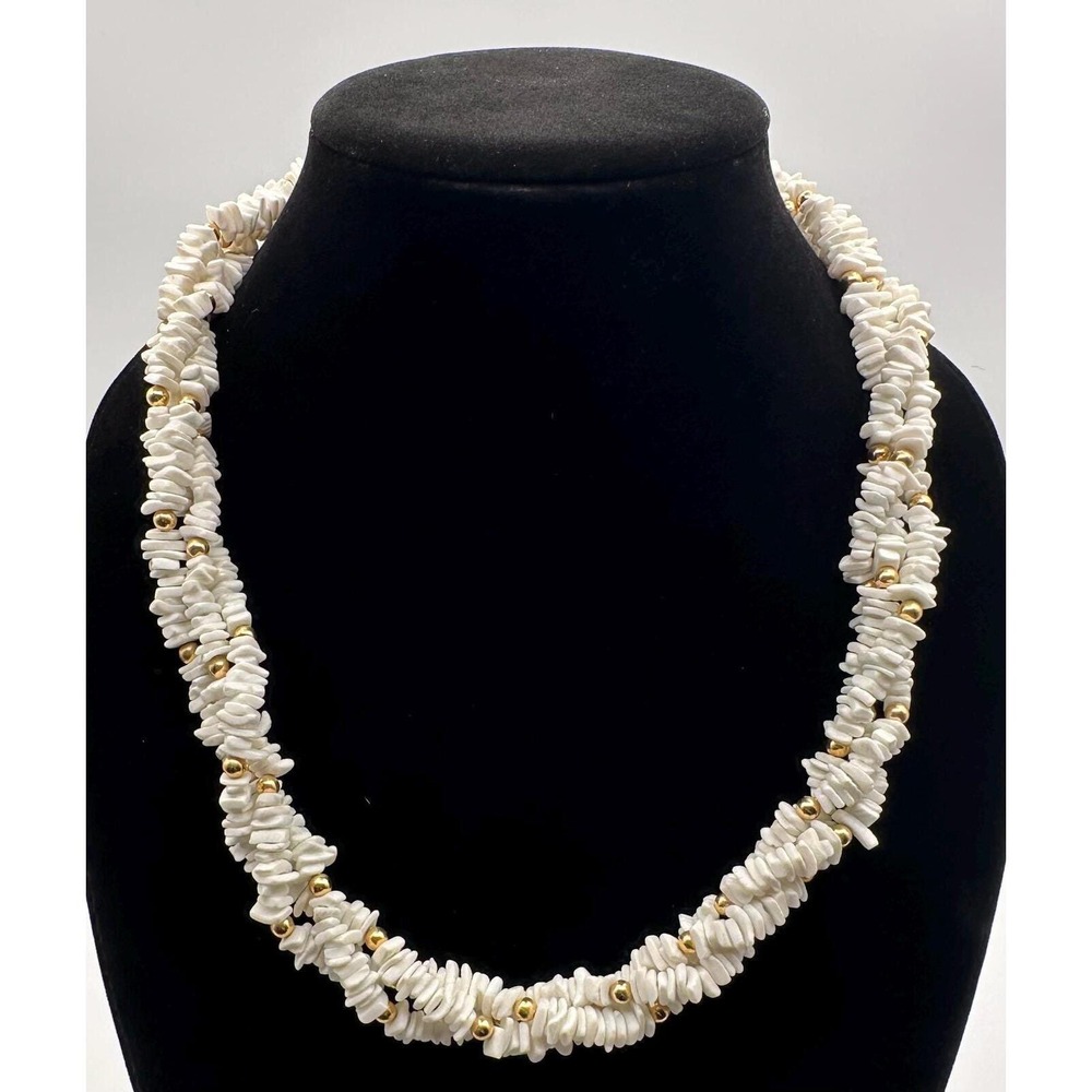 Vintage Coastal Shell Necklace - White Chip Gold Accent Boho Beach Jewelry